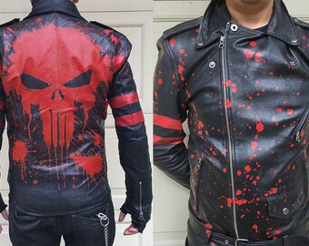 CUSTOM Hand-painted punk bloody Punisher leather biker jacket. Any size, any style, any way you want
