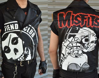 ジャケット・アウター misfits Misfits Leather Jacket Handpainted Studded S SubHumAns