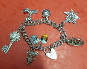 Vintage 60s, 70s, Charm Bracelet 36g Sterling Silver 9 Silver Charms plus padlock, .925, fully Hallmarked. Ideal Christening Bracelet.