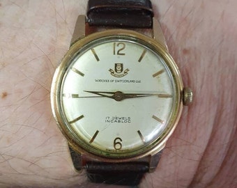 Vintage Gents "Watches of Switzerland Ltd" Manual Wind from 1940s or 50s, Stamped Gold Plated, Seconds Hand, 17 Jewels,  Keeps Great Time.