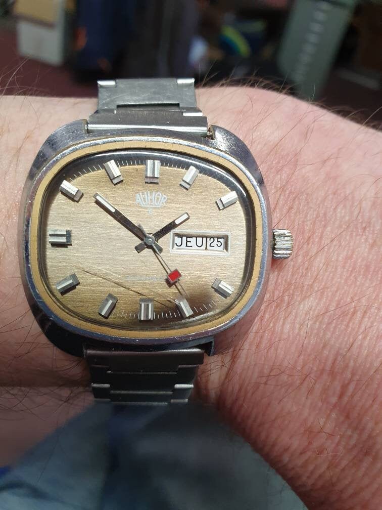 Montre Vintage ALIHOR Mécanique Homme - Acier Inoxydable & Cadran Bleu/Noir - Années 1960 - Occasion