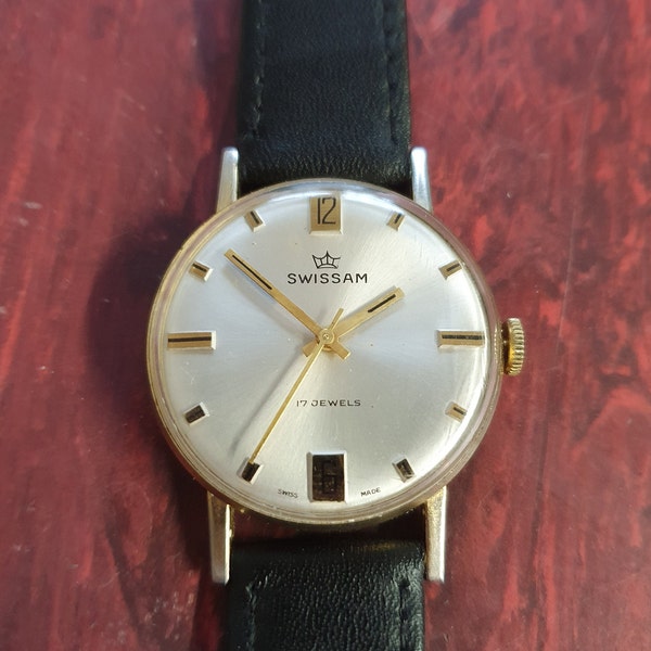 Vintage Swissam 17 Jewels Manual Wind Gold Plated Watch, 1970s, Swiss Made, Keeps Good Time, Clean Crystal and Clean Dial.  Leather Strap.