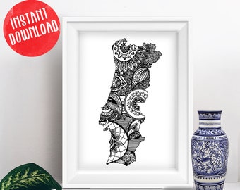 Portugal Mainland Printable Mandala Map, Country Map Wall Art Instant Download Poster