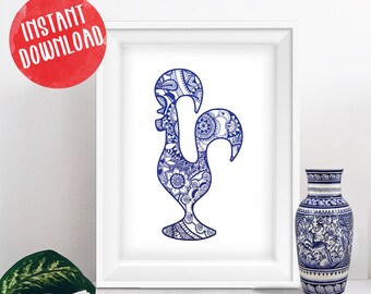 Portugal Barcelos Rooster Printable, Portuguese rooster print, Portuguese Print Art, portuguese wall art, White and Blue Art