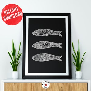 Portugal Sardine schwarzer Hintergrund druckbare Kunst