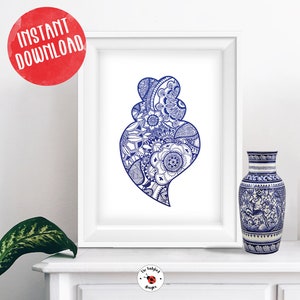 Blue Coração de Viana Traditional Portuguese Printable Wall Art