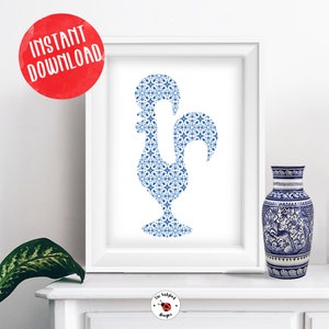 Portugal Galo de Barcelos Blue Tile Printable