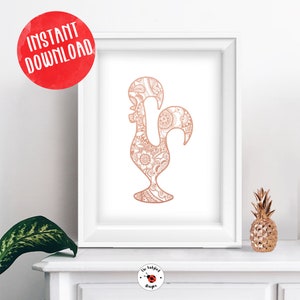 Rose Gold Portugal Barcelos Rooster Printable Wall Art Decor, Digital Download Portuguese Rooster Print, Mandala Poster, mothers day gift