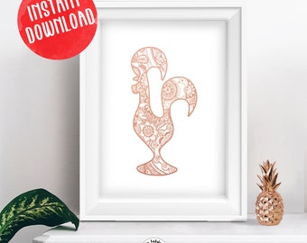 Rose Gold Portugal Barcelos Rooster Printable Wall Art Decor, Digital Download Portuguese Rooster Print, Mandala Poster, mothers day gift