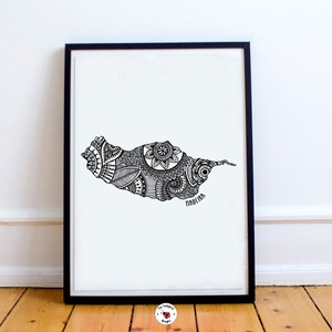 May include: A black and white line art print of the island of Madeira, Portugal. The island is filled with intricate patterns and designs. The word "Madeira" is written at the bottom of the print.