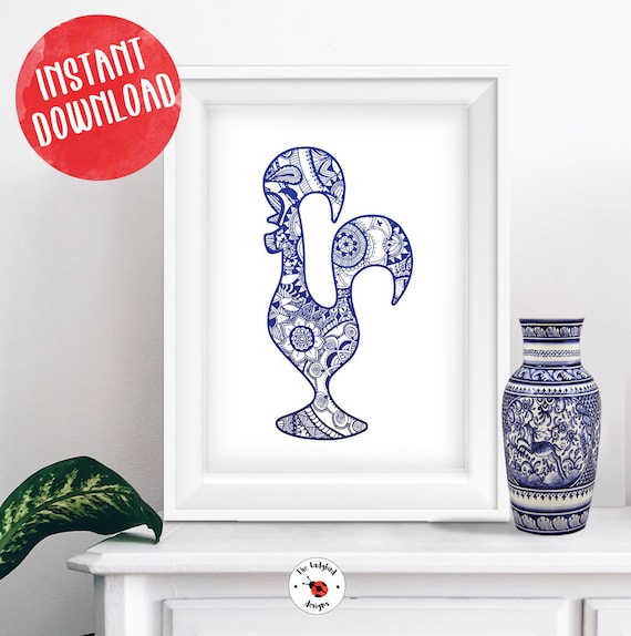 Galo de Barcelos, Portugal Arte, Poster de Barcelos, Quadro de Portugal, Galo Português, Azul e Branco