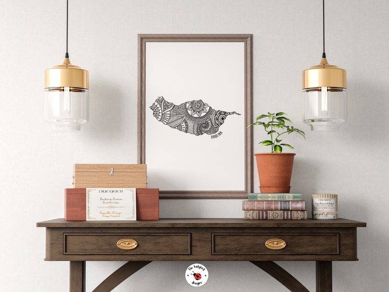 May include: A black and white line art print of the island of Grenada with intricate patterns. The print is framed in a light brown frame and is hanging on a white wall. The print is displayed on a shelf with a wooden box, a potted plant, and a stack of books.