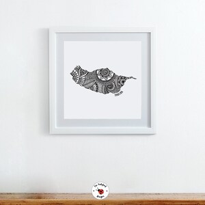 May include: A black and white line art print of the island of Madeira, Portugal. The island is filled with intricate patterns and designs. The word "Madeira" is written in black at the bottom of the print.