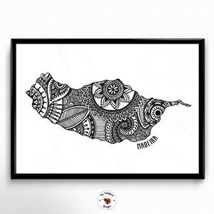 May include: Black and white line art print of the island of Madeira with intricate patterns and the word "Madeira" at the bottom.
