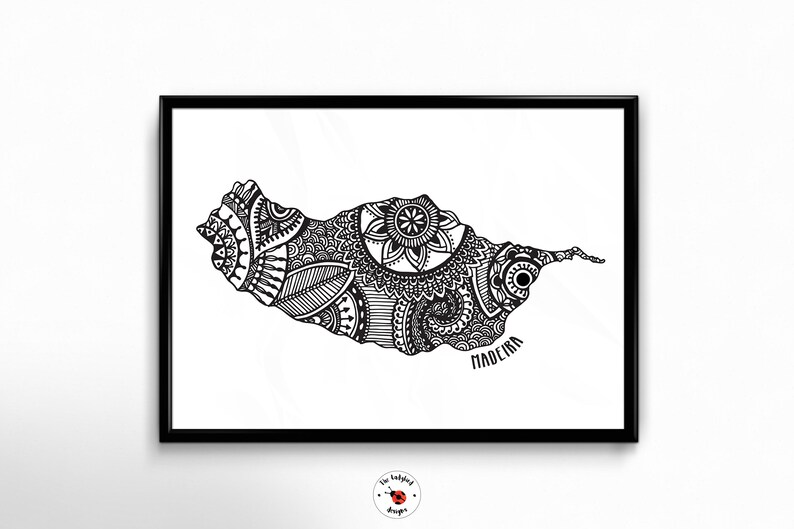 May include: Black and white line art print of the island of Madeira with intricate patterns and the word "Madeira" at the bottom.