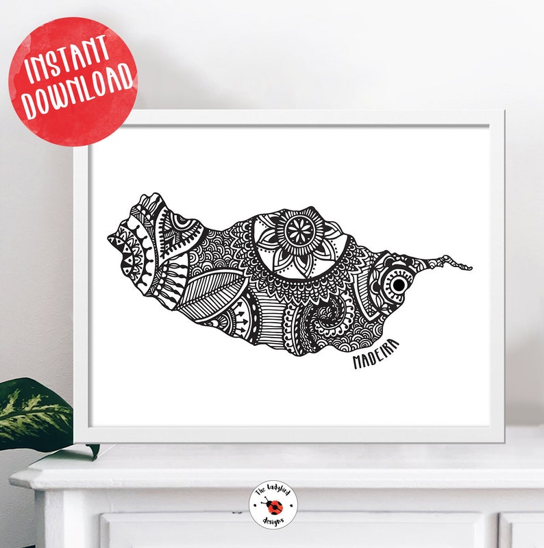 May include: A black and white printable art print of the island of Madeira, Portugal. The island is outlined in a detailed, intricate, doodle-style design. The word "Madeira" is written in black at the bottom of the print.