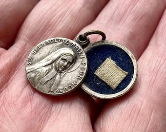 Vintage French Theca Locket Shrine Medal Pendant – Cloth Touched at Saint Bernadette