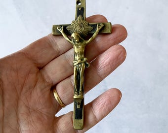 Antique Pocket Size Crucifix - Brass Metal with Wood Inlay