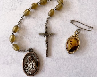 Vintage Padre Pio Relic Pin Brooch & One-Decade Rosary (c.1950s)