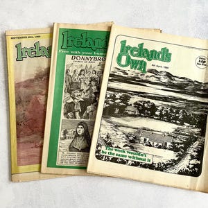May include: Three vintage Ireland's Own magazines from 1980. The covers feature green mastheads, black and white illustrations of landscapes and historical figures, and printed text including dates and the price of 14p. The paper shows signs of age.