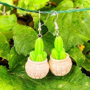 Peut inclure: Une paire de boucles d'oreilles représentant un cactus vert clair dans un pot en forme de panier beige. Les boucles d'oreilles sont suspendues à des crochets argentés, sur fond de feuilles vertes.