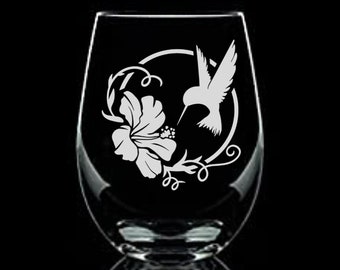 Etched Hummingbird Stemless Wine Glass | 20.5oz Hand Carved Glass in Organza Gift Bag or Gift Box | FREE GIFT WRAPPING Available