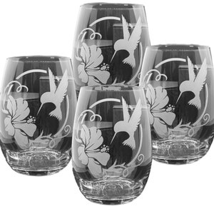 Hummingbird & Hibiscus Stemless Wine Glasses 20.5oz Set of 4 - Sandblasted Etched Glass - Free Personalization in Organza Gift Bag