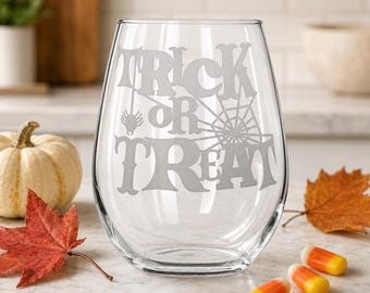 Trick or Treat Halloween Wine Glass, 20.5 oz Deep Sandblasted Glass, Personalized Spooky Gift with Gift Bag and Earrings