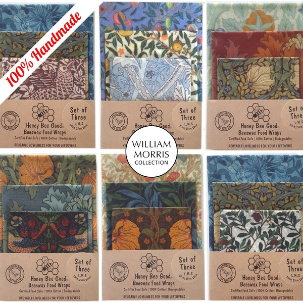 William Morris Reusable Beeswax Food Wraps | Certified Food Safe | Sets of 3 |All-Natural Food Safe Eco-Friendly Wax Wrap| Birthday Gift