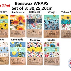 May include: A collection of Earth Kind beeswax food wraps, sold in sets of three with dimensions of 30, 25, and 20 cm. The wraps feature various patterns including sunflowers, bees, robins, lemons, and botanical prints, each packaged in a brown paper sleeve.
