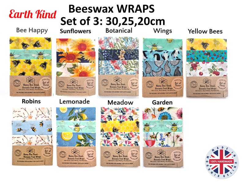 May include: A collection of Earth Kind beeswax food wraps, sold in sets of three with dimensions of 30, 25, and 20 cm. The wraps feature various patterns including sunflowers, bees, robins, lemons, and botanical prints, each packaged in a brown paper sleeve.