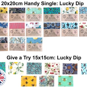 May include: A collection of square beeswax food wraps featuring various colorful patterns including bees, lemons, chickens, and flowers. Each wrap is labeled Honey Bee Good and comes in 20x20cm or 15x15cm sizes, with a circular 100% handmade badge.