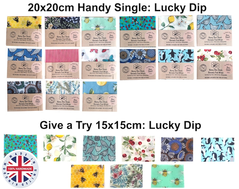 May include: A collection of square beeswax food wraps featuring various colorful patterns including bees, lemons, chickens, and flowers. Each wrap is labeled Honey Bee Good and comes in 20x20cm or 15x15cm sizes, with a circular 100% handmade badge.