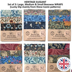 May include: A set of three beeswax food wraps featuring various floral and botanical patterns in blue, red, green, and yellow. Each pack includes large, medium, and small sizes labeled 30cm, 25cm, 20cm, with text reading Honey Bee Good.