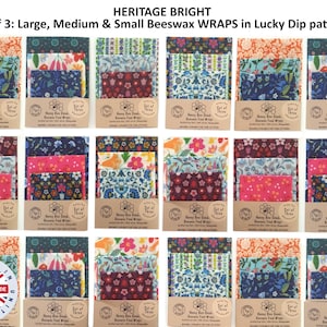 May include: A collection of eighteen sets of three beeswax food wraps, each featuring assorted floral and geometric patterns. The packaging includes the text HERITAGE BRIGHT, Set of 3: Large, Medium & Small Beeswax WRAPS in Lucky Dip patterns.
