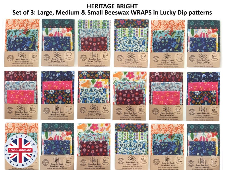 May include: A collection of eighteen sets of three beeswax food wraps, each featuring assorted floral and geometric patterns. The packaging includes the text HERITAGE BRIGHT, Set of 3: Large, Medium & Small Beeswax WRAPS in Lucky Dip patterns.