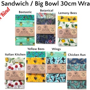 Reusable Beeswax Food Wraps, Set of 3, Sandwich, Single, Handmade Biodegradable Wax Wraps, Great gifts, Earth Kind Sale, Birthday present 2 Sandwich/Bowl 30cm