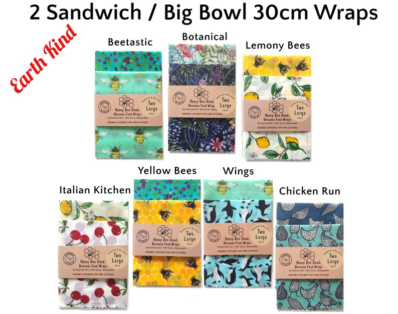 Reusable Beeswax Food Wraps, Set of 3, Sandwich, Single, Handmade Biodegradable Wax Wraps, Great gifts, Earth Kind Sale, Birthday present 2 Sandwich/Bowl 30cm