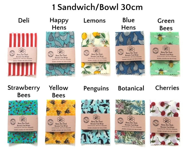 Reusable Beeswax Food Wraps, Set of 3, Sandwich, Single, Handmade Biodegradable Wax Wraps, Great gifts, Earth Kind Sale, Birthday present 1 Sandwich/Bowl 30cm