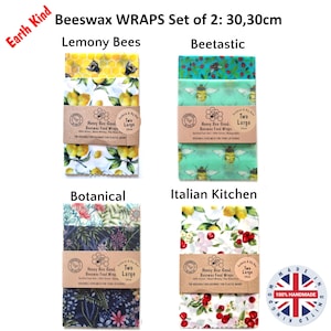 May include: Four sets of two 30x30cm beeswax food wraps labeled Earth Kind. Patterns include Lemony Bees with yellow lemons, Beetastic with bees on green, Botanical with dark floral prints, and Italian Kitchen with red cherries and lemons.