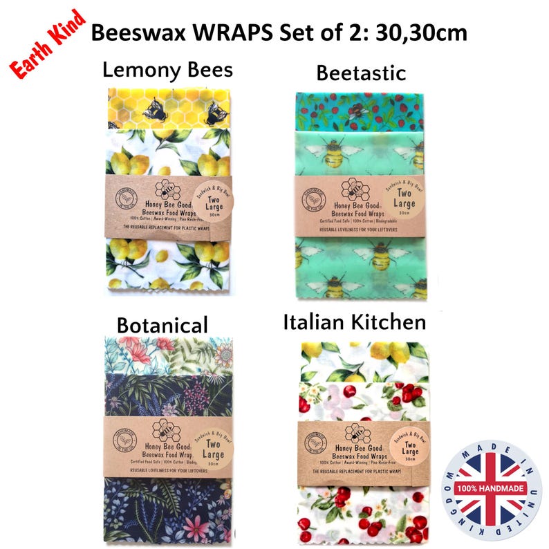 May include: Four sets of two 30x30cm beeswax food wraps labeled Earth Kind. Patterns include Lemony Bees with yellow lemons, Beetastic with bees on green, Botanical with dark floral prints, and Italian Kitchen with red cherries and lemons.