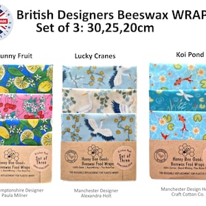 May include: Three sets of British Designers Beeswax WRAPS, each containing three wraps in sizes 30, 25, and 20 cm. Patterns include Sunny Fruit, Lucky Cranes, and Koi Pond. Each set is packaged in a brown paper sleeve labeled Honey Bee Good.