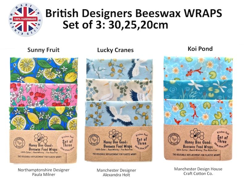 May include: Three sets of British Designers Beeswax WRAPS, each containing three wraps in sizes 30, 25, and 20 cm. Patterns include Sunny Fruit, Lucky Cranes, and Koi Pond. Each set is packaged in a brown paper sleeve labeled Honey Bee Good.