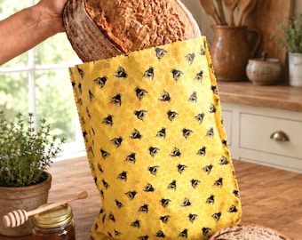 XXL Sourdough Beeswax Bread Bag, Made by Hand in London, Easy-Clean Rounded corners can't catch crumbs! NO Plastic Clips, 100% Cotton Poplin