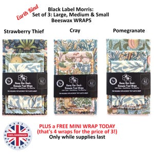 May include: Three sets of Honey Bee Good beeswax food wraps in Strawberry Thief, Cray, and Pomegranate patterns. Each set includes large, medium, and small wraps made of 100% cotton, secured with a black paper band featuring the brand logo.