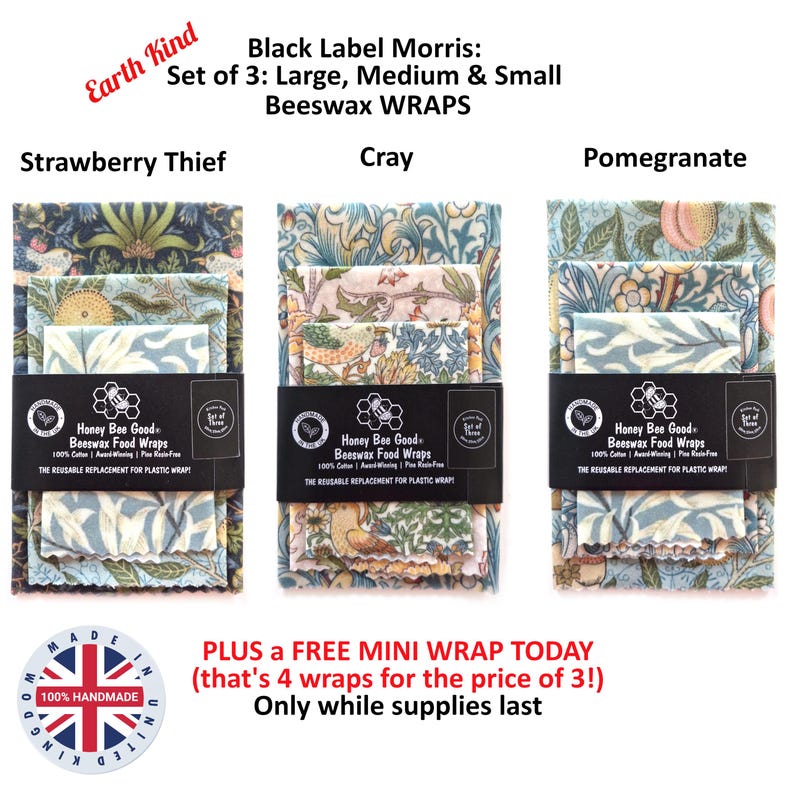 May include: Three sets of Honey Bee Good beeswax food wraps in Strawberry Thief, Cray, and Pomegranate patterns. Each set includes large, medium, and small wraps made of 100% cotton, secured with a black paper band featuring the brand logo.