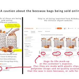 May include: An infographic comparing a reusable beeswax bread bag listing to Alibaba search results. The image features text warnings about plastic clips, polyester straps, and price markups, alongside screenshots of product listings.