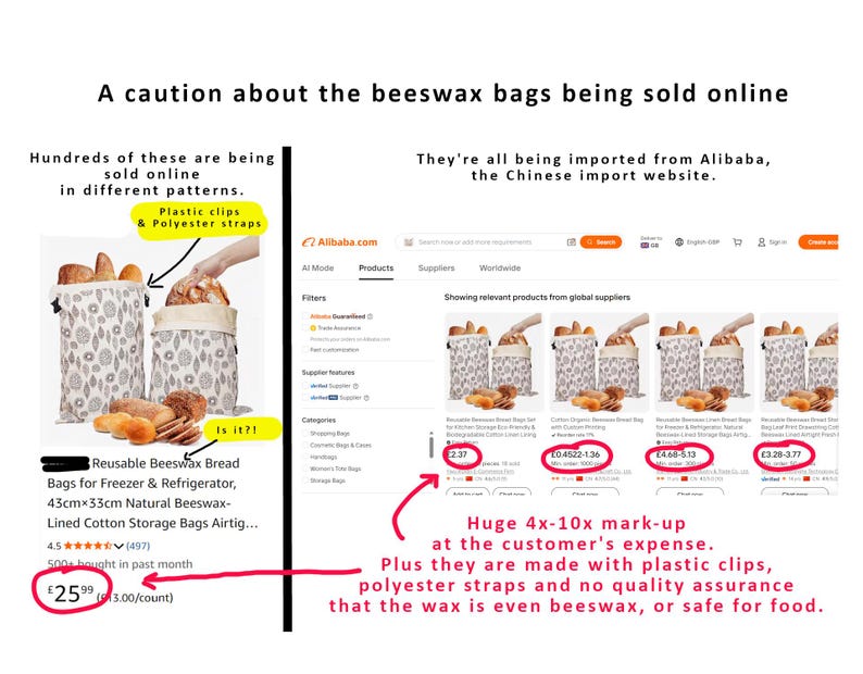 May include: An infographic comparing a reusable beeswax bread bag listing to Alibaba search results. The image features text warnings about plastic clips, polyester straps, and price markups, alongside screenshots of product listings.