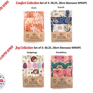 May include: Four sets of three beeswax food wraps labeled Comfort Collection and Joy Collection. Patterns include owls, scandi, hedgehogs, and dandelions. Each set includes 30, 25, and 20 cm wraps with Earth Kind branding and Honey Bee Good packaging.