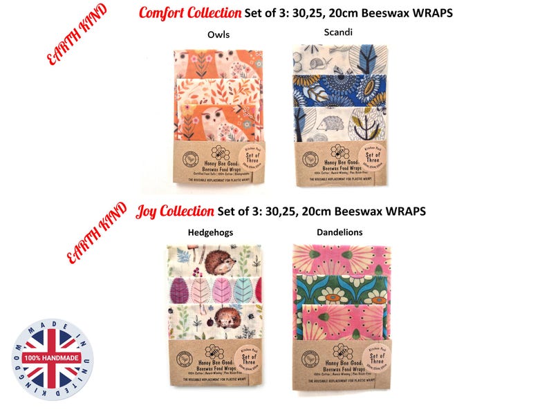 May include: Four sets of three beeswax food wraps labeled Comfort Collection and Joy Collection. Patterns include owls, scandi, hedgehogs, and dandelions. Each set includes 30, 25, and 20 cm wraps with Earth Kind branding and Honey Bee Good packaging.
